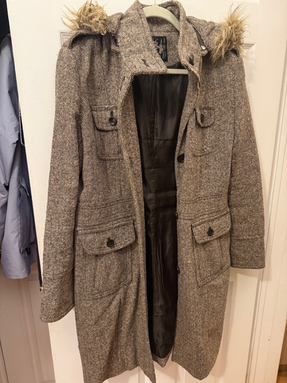 Esprit Wool Blend Hooded Heavy Tweed Coat with Faux Fur Trim